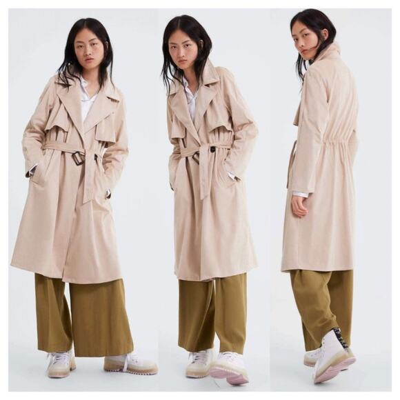 Zara Jackets & Blazers - Zara Tan Trench Coat XS Faux Suede Double Breasted Belted Classic Mid Length